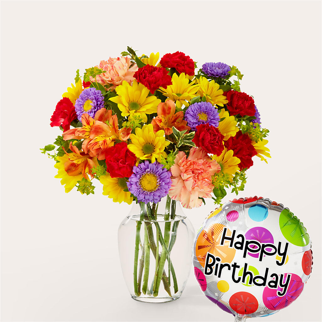 Kaleidoscope Bouquet with Birthday Balloon – Angelic Floral Studio, Rosemead CA